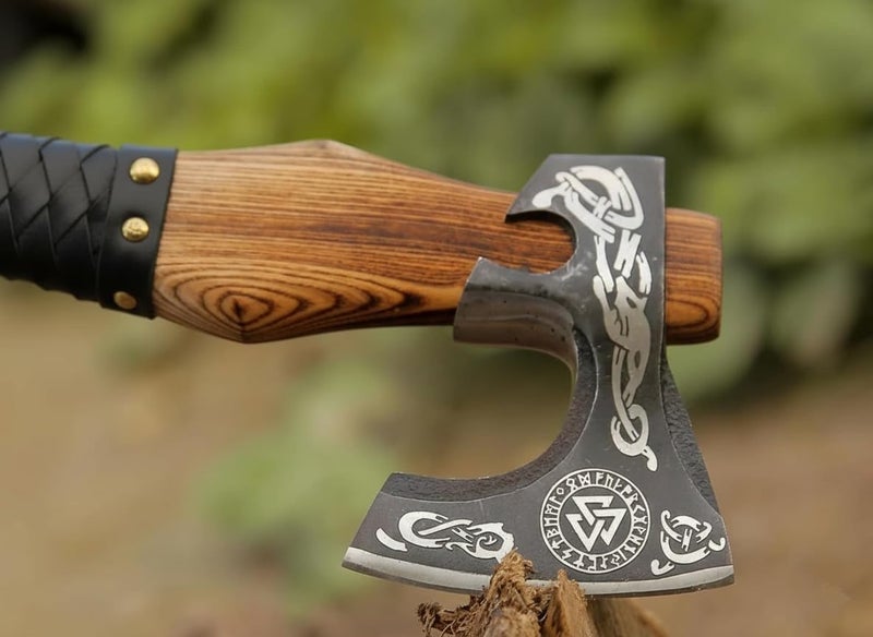 FH TRADERS Viking Axe Ashwood Handle Handmade Carbon Steel Blade, Outdoor Camping Hunting, Norse Hatchets Axes, with Black Leather Wrapped Handle & Leather Sheath Wood Splitting Axes - Image 5